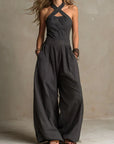Fiorenzae - Vrouwelijke jumpsuit met vloeiende stof, kruislijf en elegante wijde benen