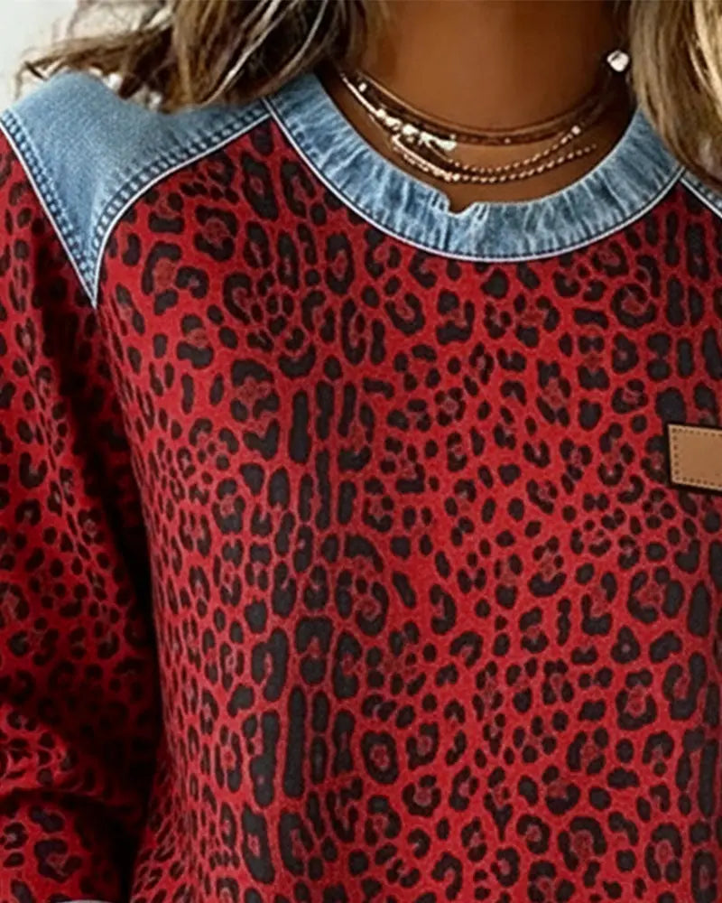 Averelisse - Casual Jeans Patchwork Leoprint Trui