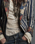 Avenorix - Gestreepte boheemse damesblazer met vintage bloemenprint
